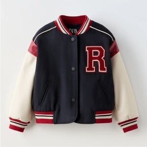 Zara Girls Varsity Bomber Jacket - Navy with Red “R” -Size 8-9